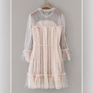 Flounce Sleeve Frill Trim Star Sequin Mesh Dress